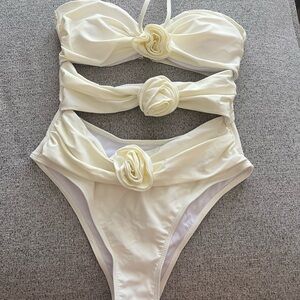 Elegant Cream One-Piece Swimsuit with Floral Accents